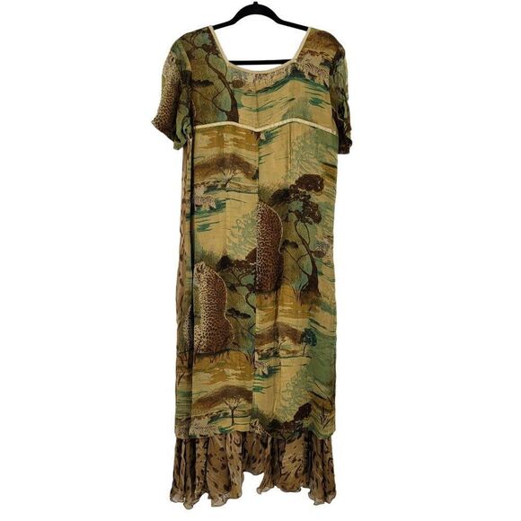 Vintage Dress Cheetah Safari Short Sleeve Tiered Ruffled Hem Midi MuMu Brown M - Picture 12 of 17